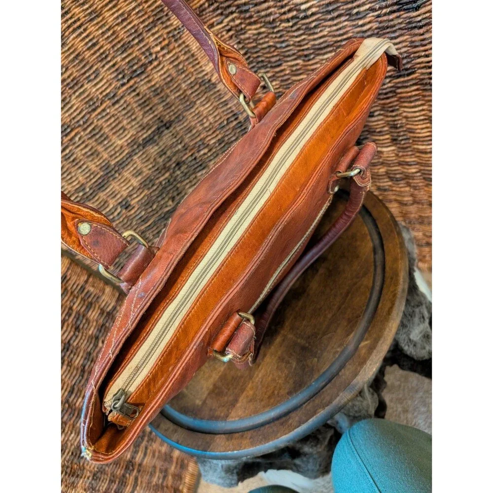 Vintage Leather Tote Bag Brown Double Handle Shoulder Purse 70s Boho Retro Large - Picture 6 of 13